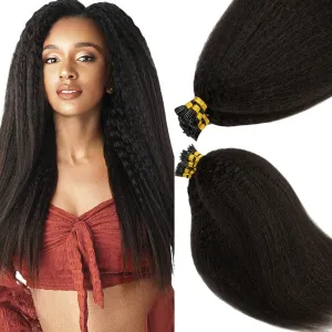 Anrosa I Tip Hair Extensions Natural Black Kinky Straight 100% Natural Black Itip Extensions Human Hair Pre Bonded Yaki Microlinks Cold Fusion Hair Extensions 50 Strands 50G Per Pack 20 Inch