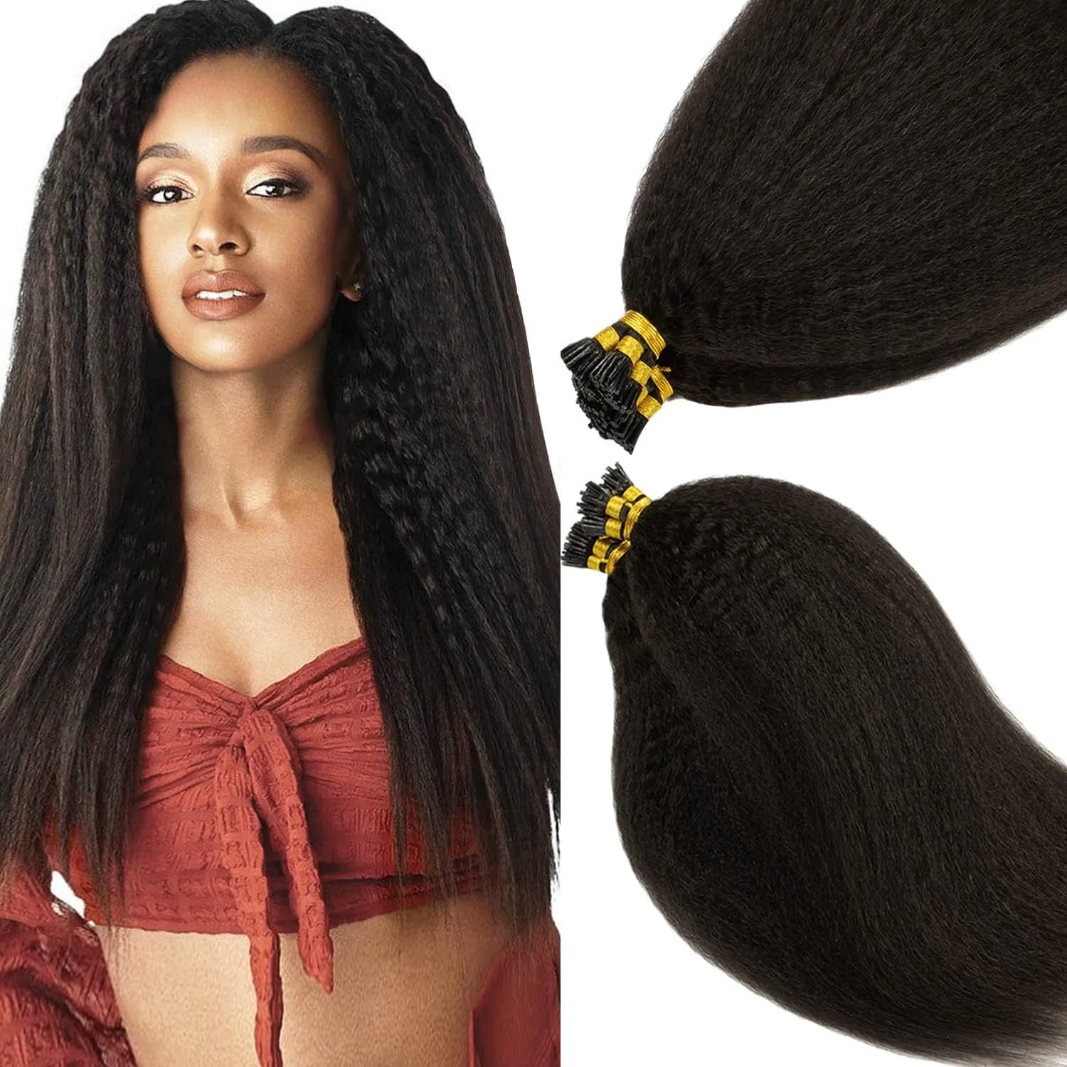 Anrosa I Tip Hair Extensions Natural Black Kinky Straight 100% Natural Black Itip Extensions Human Hair Pre Bonded Yaki Microlinks Cold Fusion Hair Extensions 50 Strands 50G Per Pack 20 Inch