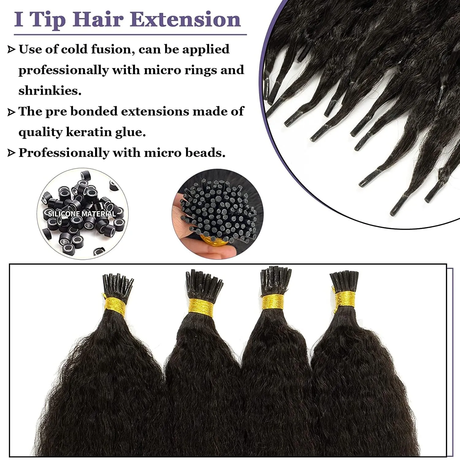 Anrosa I Tip Hair Extensions Natural Black Kinky Straight 100% Natural Black Itip Extensions Human Hair Pre Bonded Yaki Microlinks Cold Fusion Hair Extensions 50 Strands 50G Per Pack 20 Inch