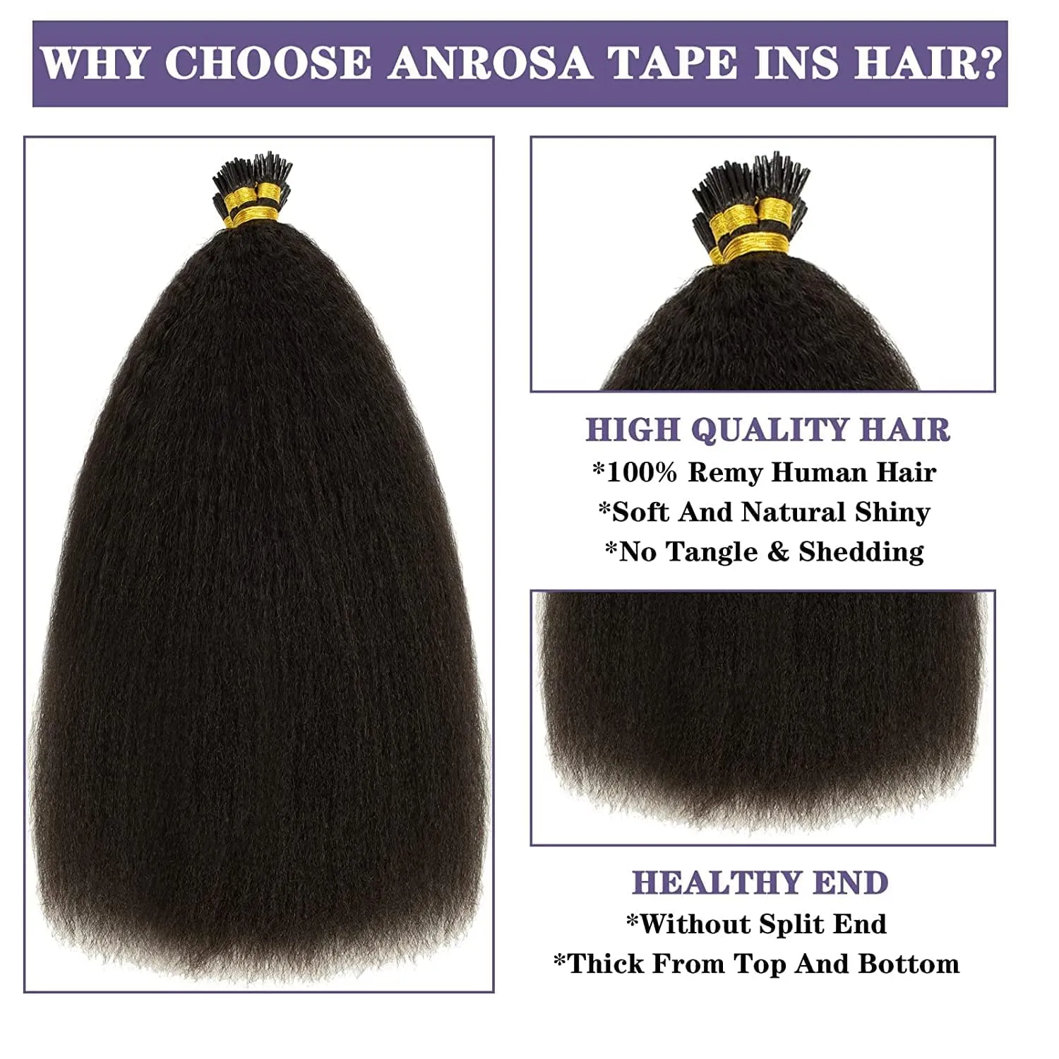 Anrosa I Tip Hair Extensions Natural Black Kinky Straight 100% Natural Black Itip Extensions Human Hair Pre Bonded Yaki Microlinks Cold Fusion Hair Extensions 50 Strands 50G Per Pack 20 Inch