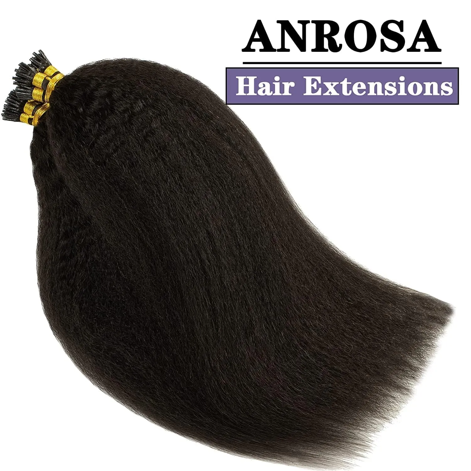 Anrosa I Tip Hair Extensions Natural Black Kinky Straight 100% Natural Black Itip Extensions Human Hair Pre Bonded Yaki Microlinks Cold Fusion Hair Extensions 50 Strands 50G Per Pack 20 Inch
