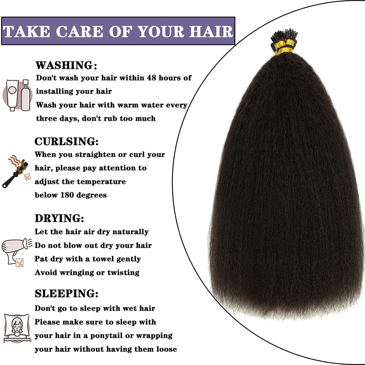 Anrosa I Tip Hair Extensions Natural Black Kinky Straight 100% Natural Black Itip Extensions Human Hair Pre Bonded Yaki Microlinks Cold Fusion Hair Extensions 50 Strands 50G Per Pack 20 Inch