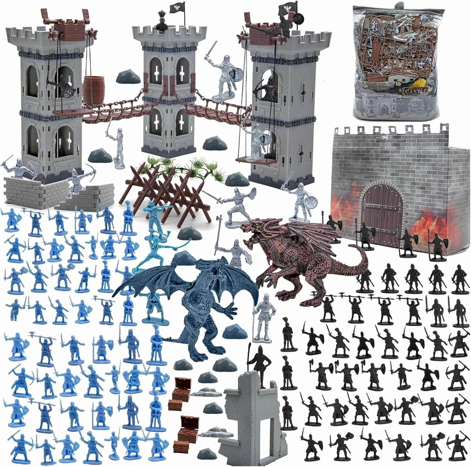 Army Men Action Figures Toy Soldiers Set, Medieval Castle Small Soldiers Military Toy, Plastic Army Men playset Castle Building Set with Storage Bag and Map