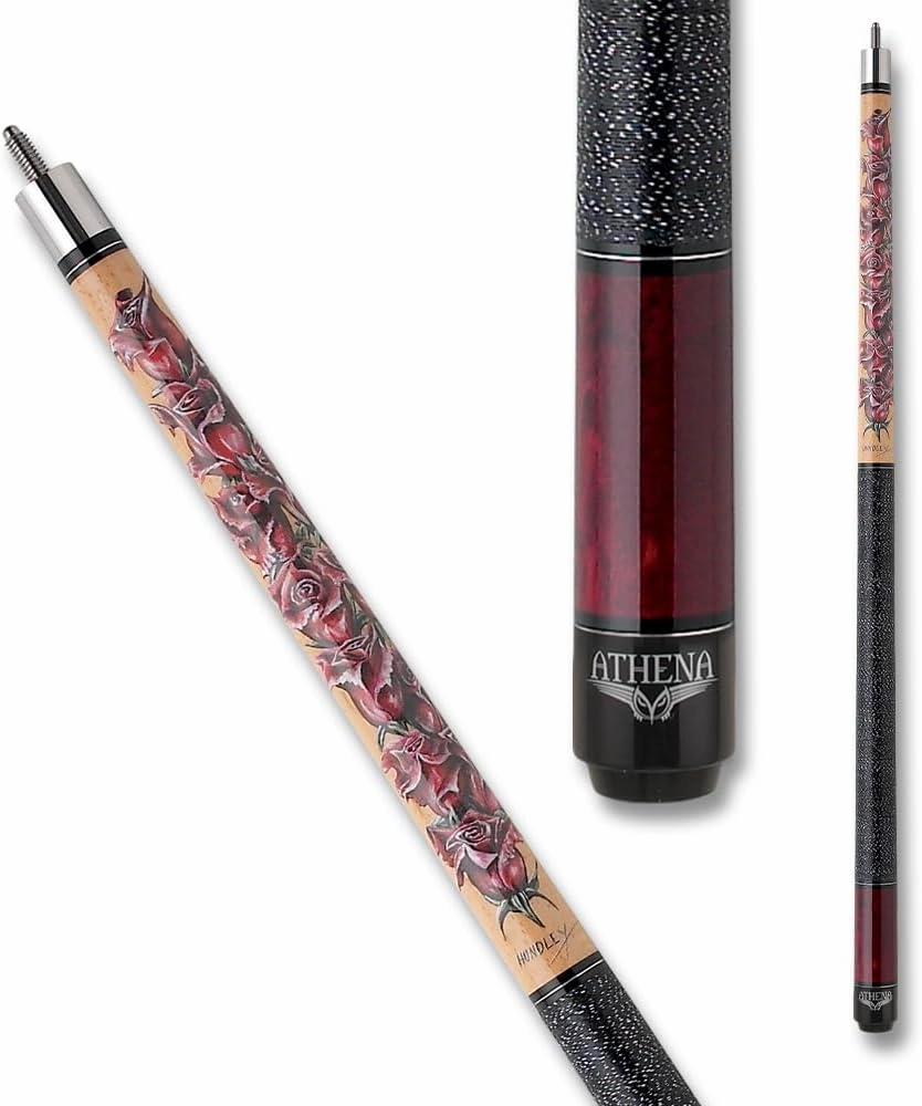 Athena Womens Pool Cue Stick, Two Piece Cue with 10 inch Extension, Hard Rock Maple Shaft, 57-inch Length for Women, Burgundy Rose Print Design