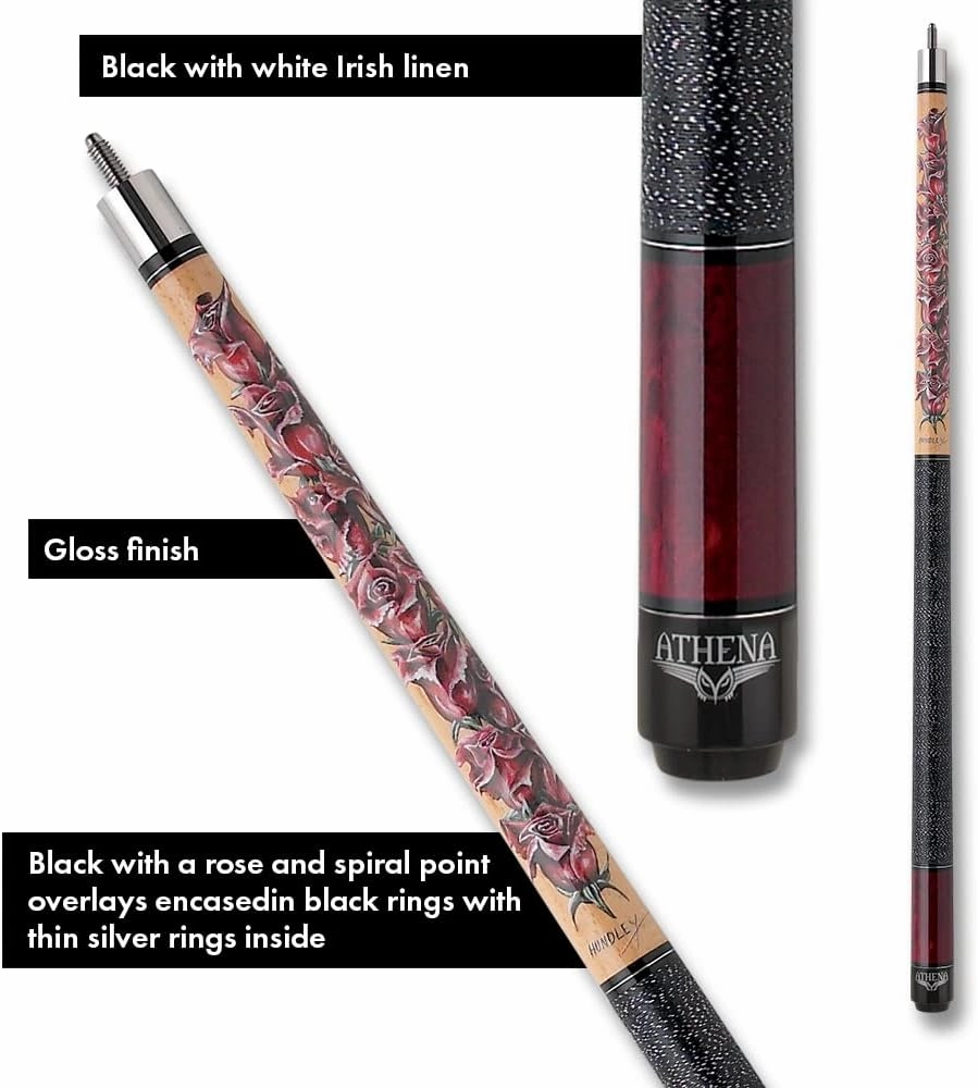 Athena Womens Pool Cue Stick, Two Piece Cue with 10 inch Extension, Hard Rock Maple Shaft, 57-inch Length for Women, Burgundy Rose Print Design