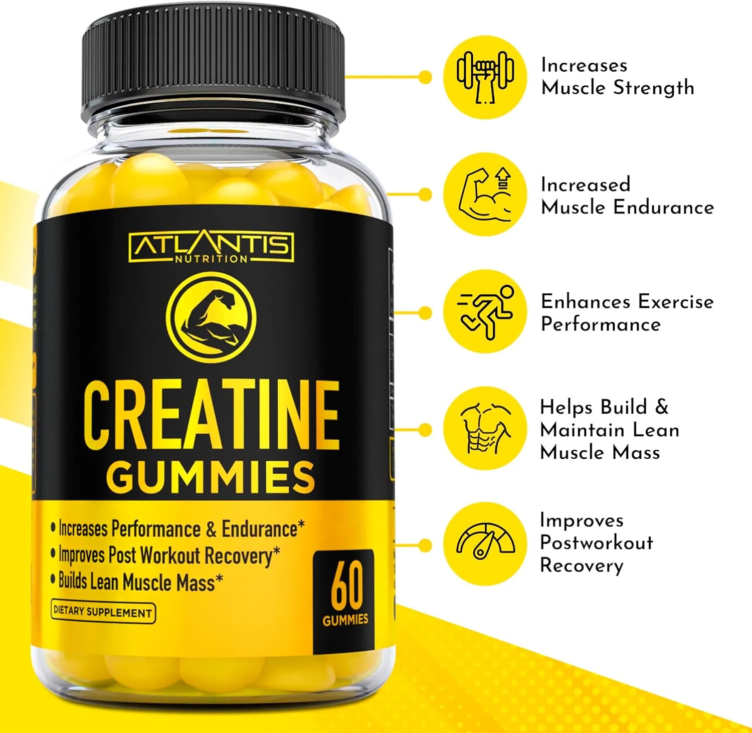 Atlantis Nutrition Creatine Monohydrate Gummies for Strength & Athletic Performance - 5g Creatine Per Serving - Build Muscle, Boost Performance & Endurance & Improve Post Workout Recovery - 120 Count