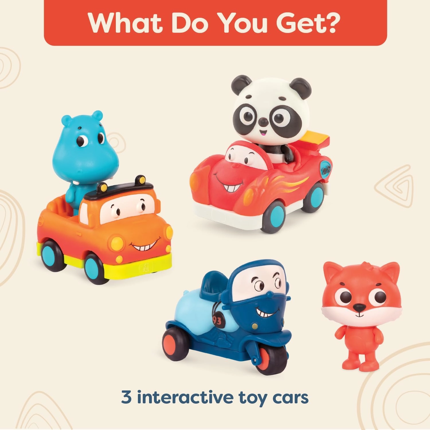 B. toys – Toy Vehicles & Animal Characters – Race Car, Motorcycle, Pick-Up Truck – Toy Cars for Toddlers, Kids – Lights & Sounds – 1 Year   – 3-Pack Mini Riders