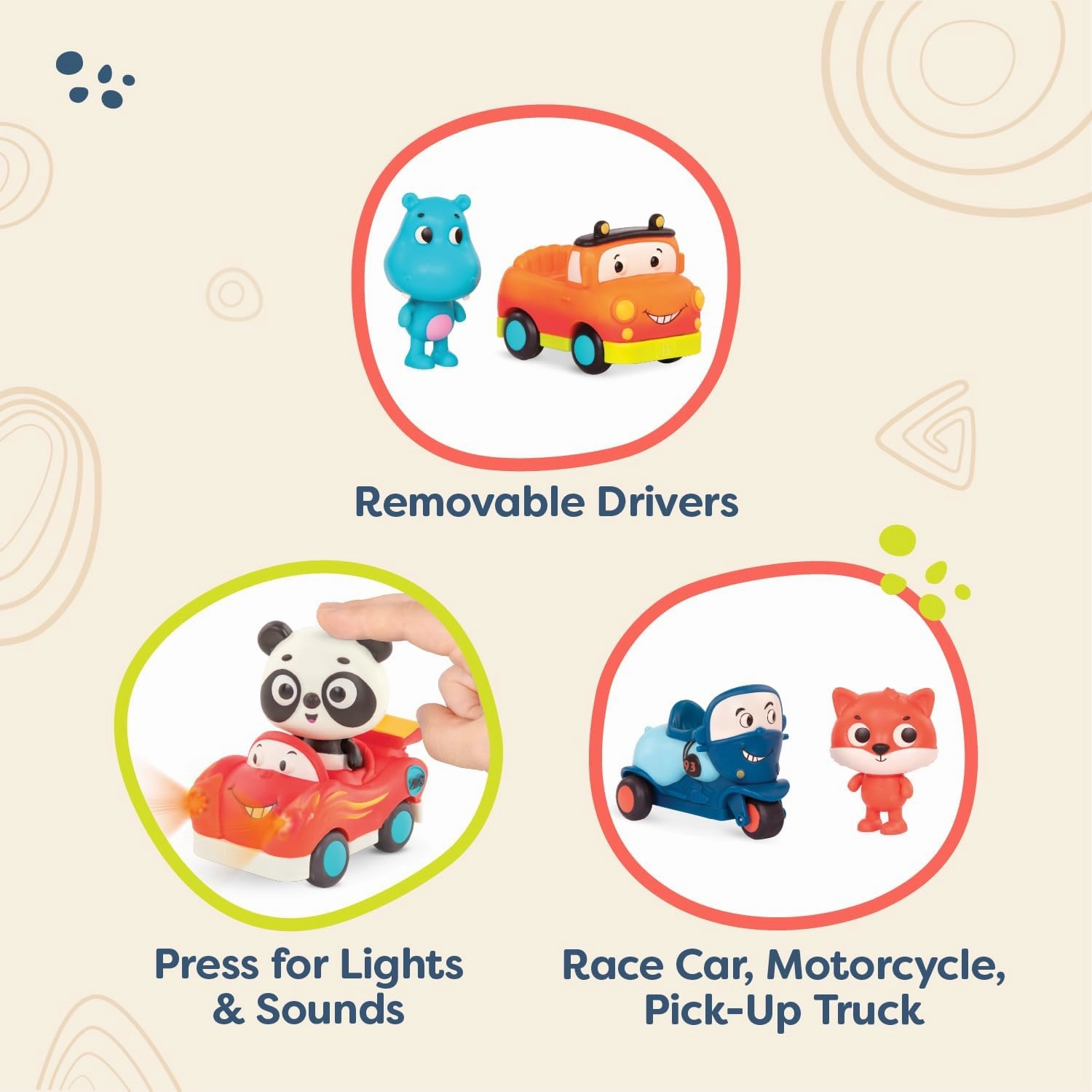 B. toys – Toy Vehicles & Animal Characters – Race Car, Motorcycle, Pick-Up Truck – Toy Cars for Toddlers, Kids – Lights & Sounds – 1 Year   – 3-Pack Mini Riders