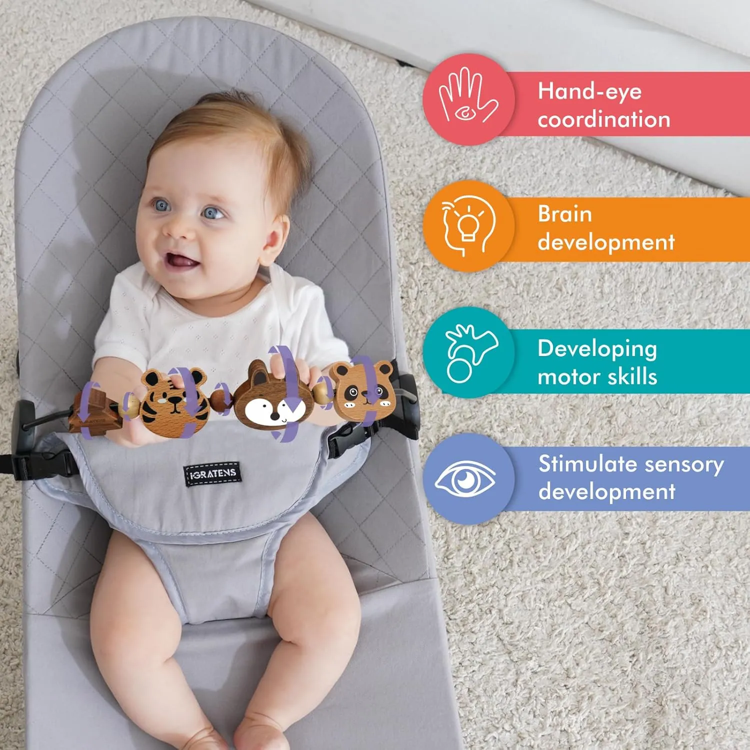 Baby Bjorn Bouncer Toy Bar - Toy Bar for Baby Bouncer Soft & Bliss, Easy to Attach and Remove, 360°Rotating Natural Wooden Toys, Exciting Design for Curious Babies, Safari Animals