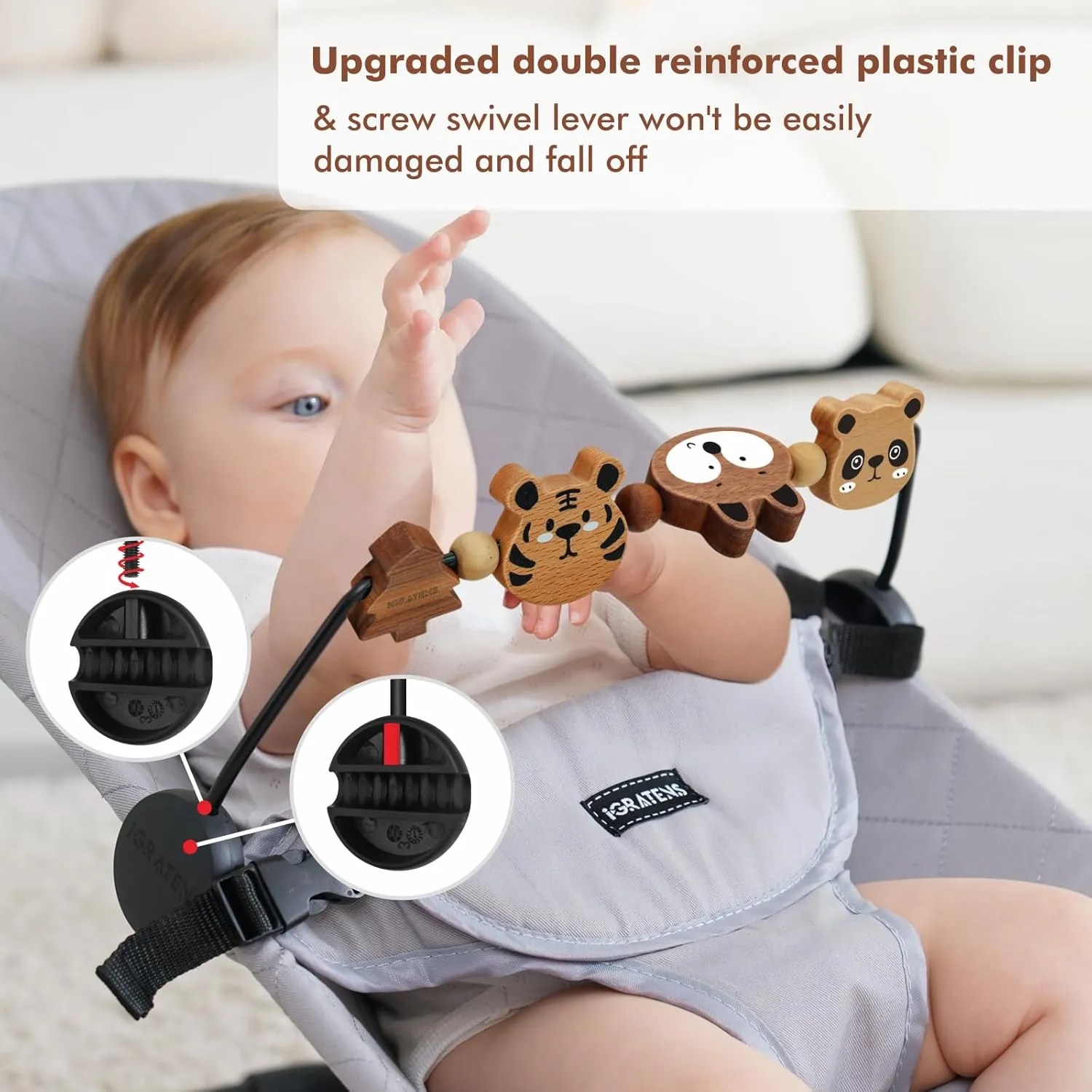 Baby Bjorn Bouncer Toy Bar - Toy Bar for Baby Bouncer Soft & Bliss, Easy to Attach and Remove, 360°Rotating Natural Wooden Toys, Exciting Design for Curious Babies, Safari Animals