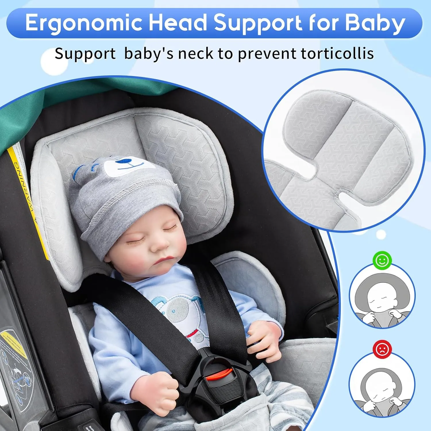 Baby Car Seat Head Support, Thickened Infant Car Seat Insert with Natural Sponge Filled, Breathable Newborn Carseat Head Support, Universal Baby Car Seat Cushion Pads with Crotch Protection