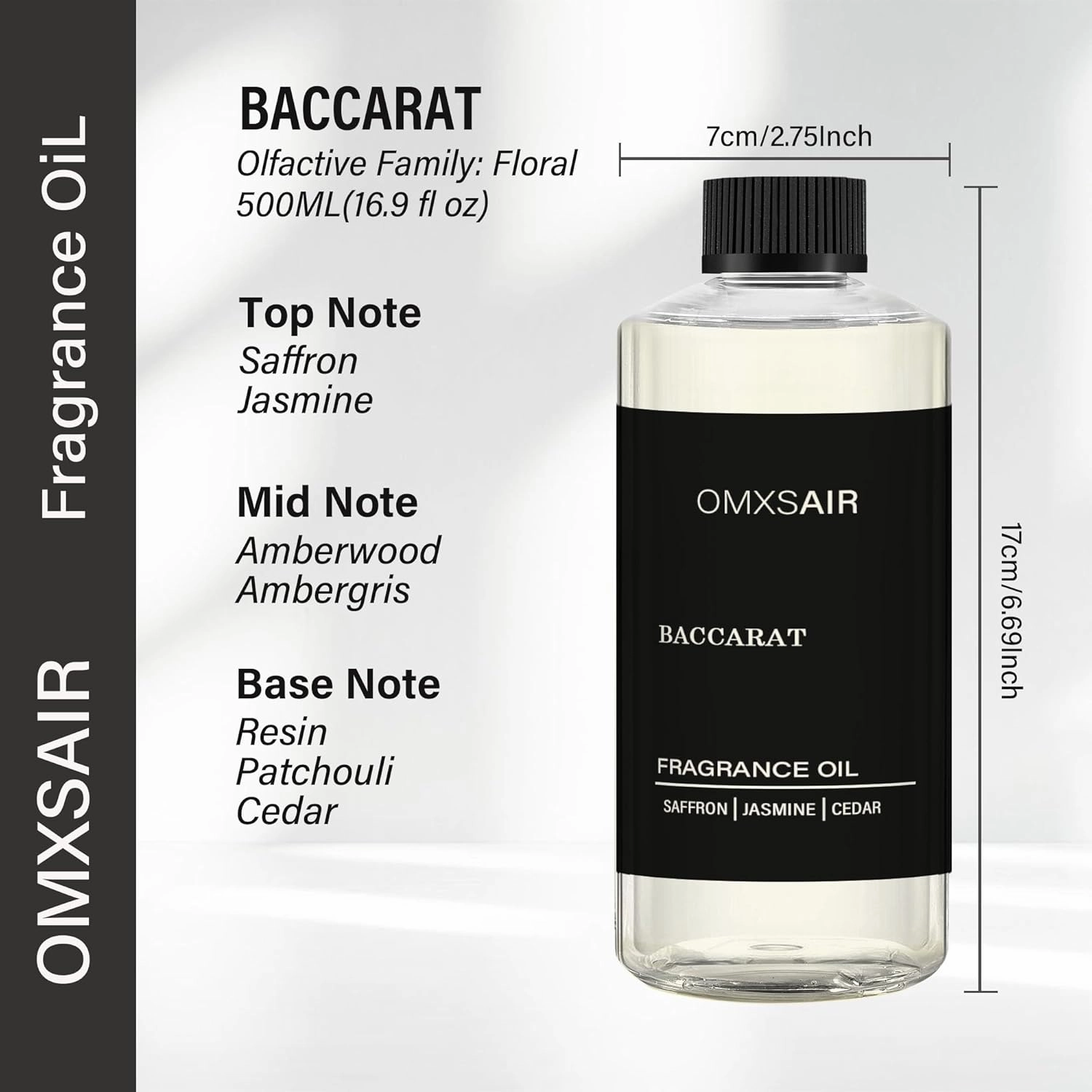 Baccarat Hotel Diffuser Oil Inspired by Baccarat 17.6 Fl Oz(500ml) - Hotel Fragrance Diffuser Oil & Home Luxury Scents - Saffron, Cedar,Ambergris Essential Oils Blend for Aromatherapy Diffuser