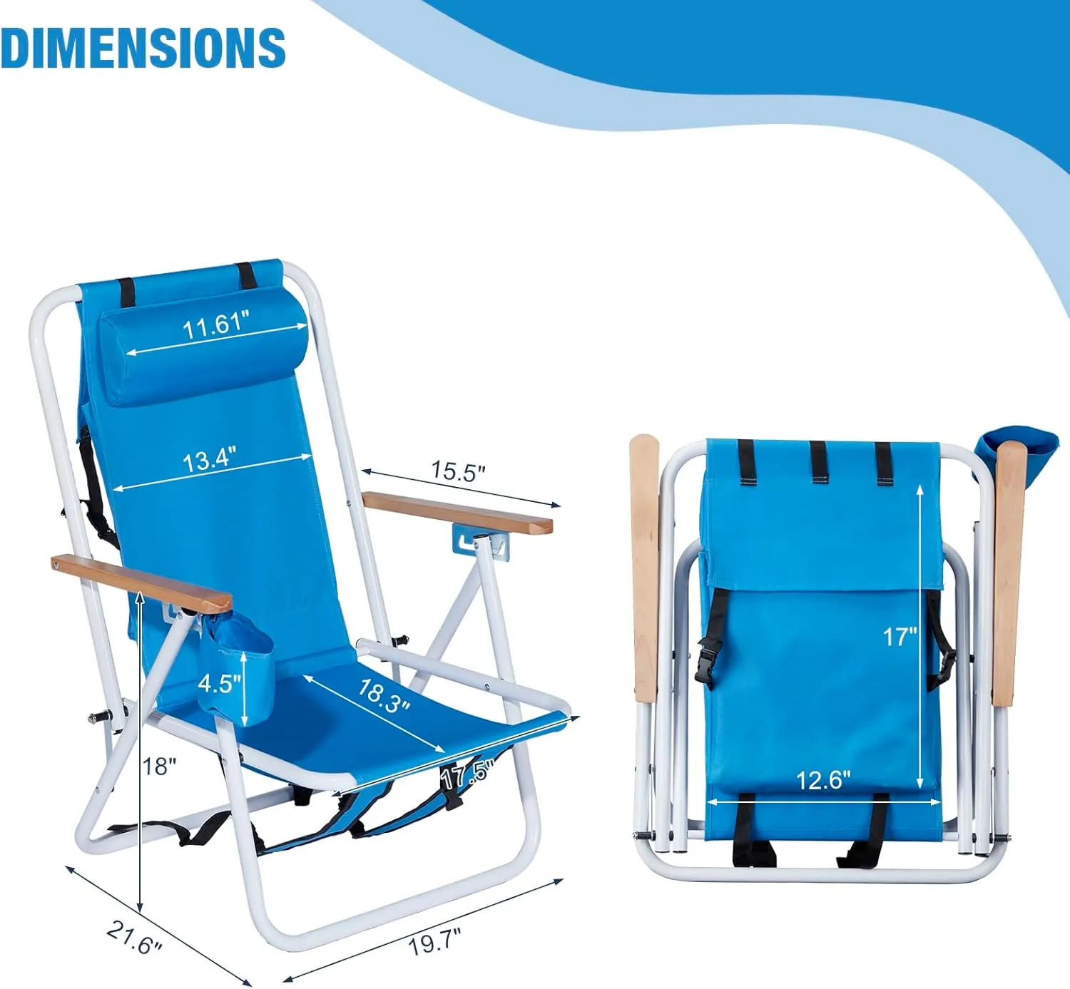 Backpack Beach Chair Set of 2,4 Position Portable Folding Camping Chair for Adults,Sturdy & Lightweight Reclining Chair with Headrest,Armrests,Cup Holder for Outdoor Sand (Blue)
