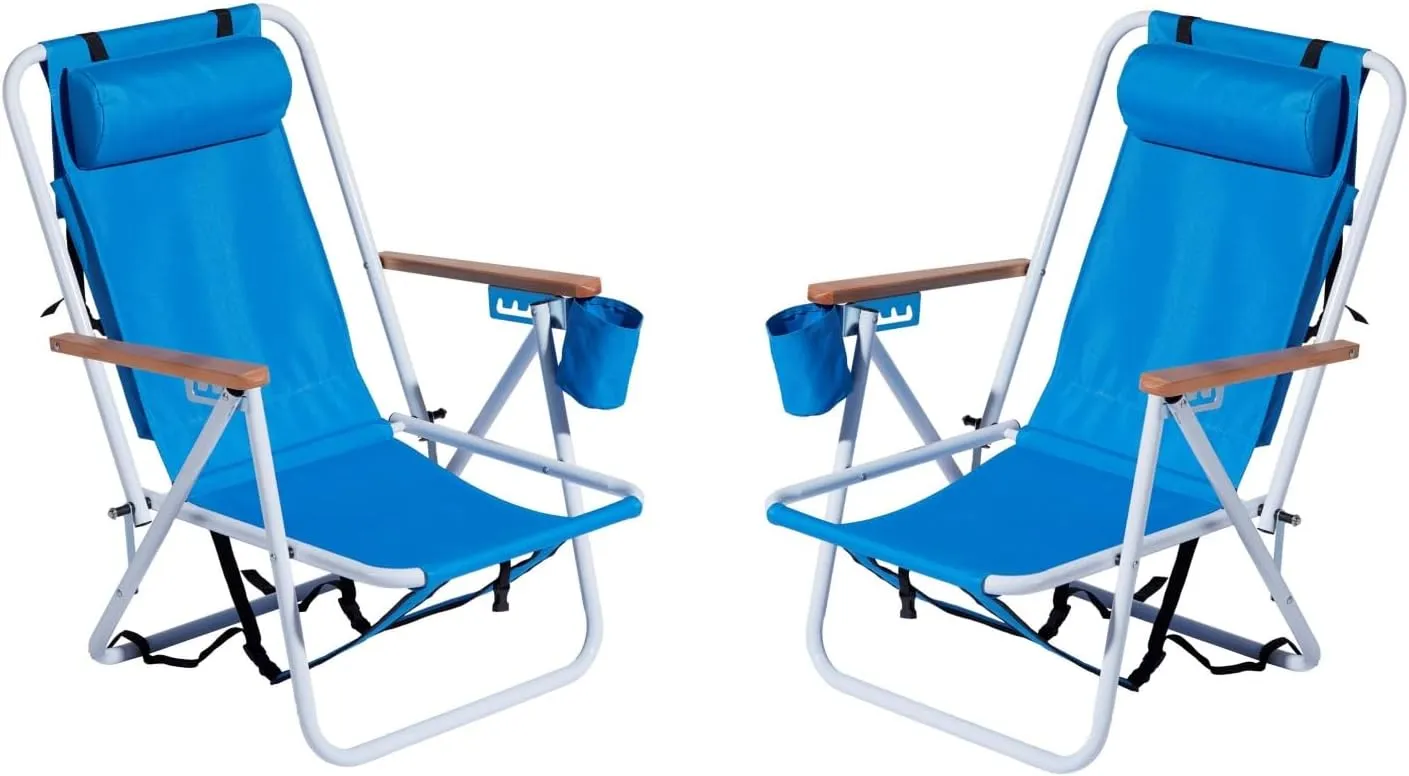 Backpack Beach Chair Set of 2,4 Position Portable Folding Camping Chair for Adults,Sturdy & Lightweight Reclining Chair with Headrest,Armrests,Cup Holder for Outdoor Sand (Blue)