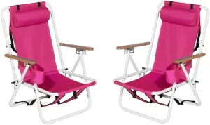 Backpack Beach Chair Set of 2,4 Position Portable Folding Camping Chair for Adults,Sturdy & Lightweight Reclining Chair with Headrest,Armrests,Cup Holder for Outdoor Sand (Pink)