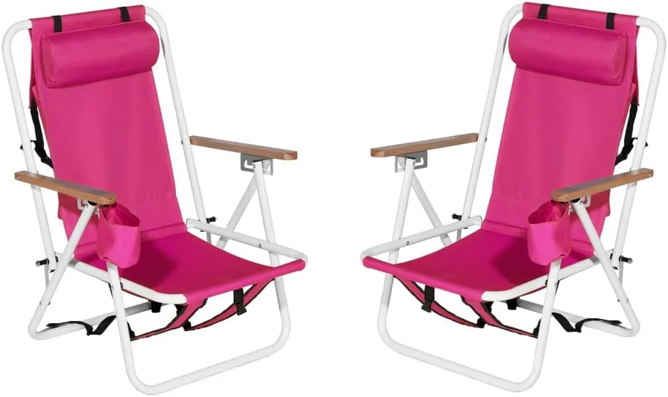 Backpack Beach Chair Set of 2,4 Position Portable Folding Camping Chair for Adults,Sturdy & Lightweight Reclining Chair with Headrest,Armrests,Cup Holder for Outdoor Sand (Pink)