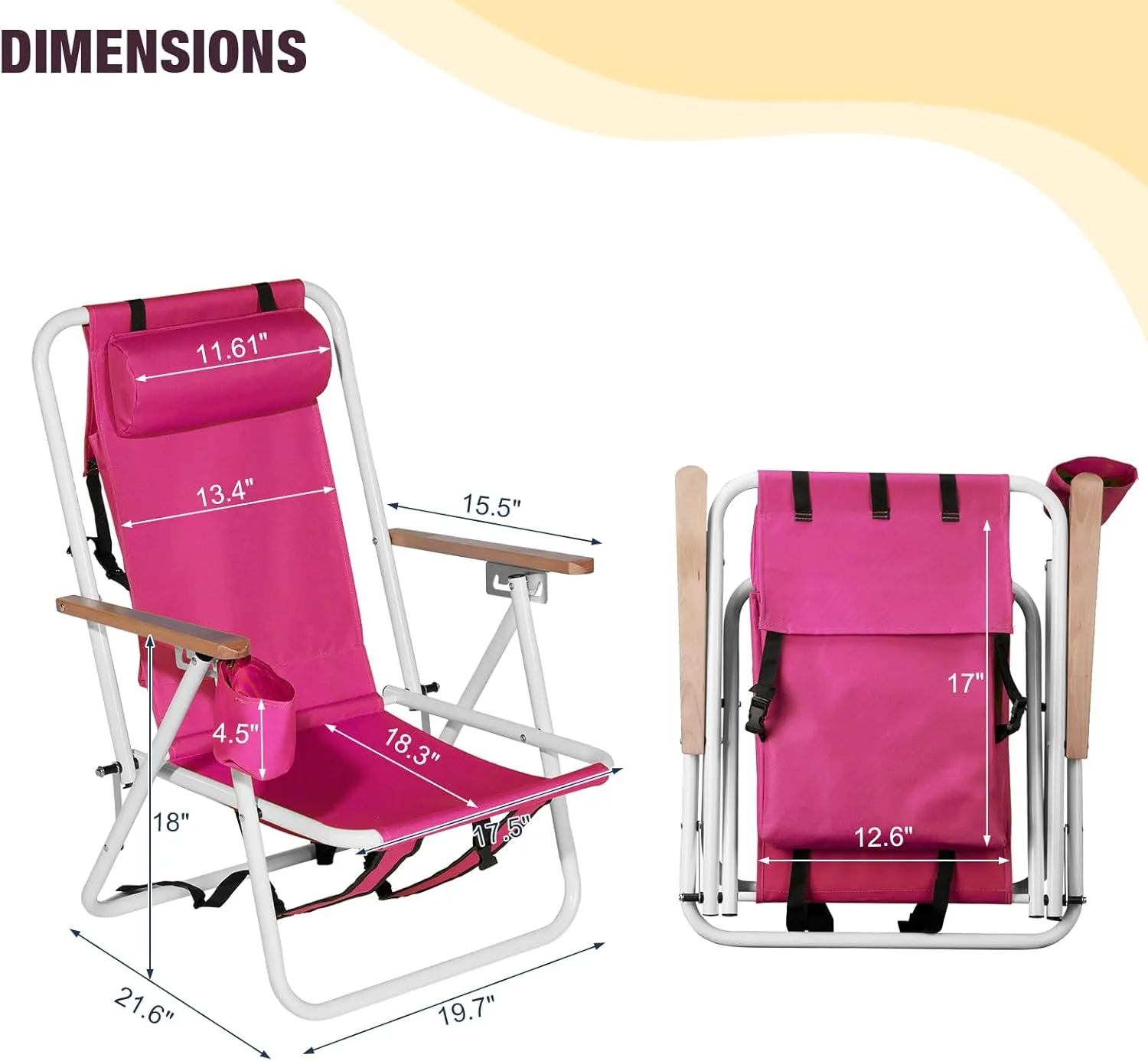 Backpack Beach Chair Set of 2,4 Position Portable Folding Camping Chair for Adults,Sturdy & Lightweight Reclining Chair with Headrest,Armrests,Cup Holder for Outdoor Sand (Pink)