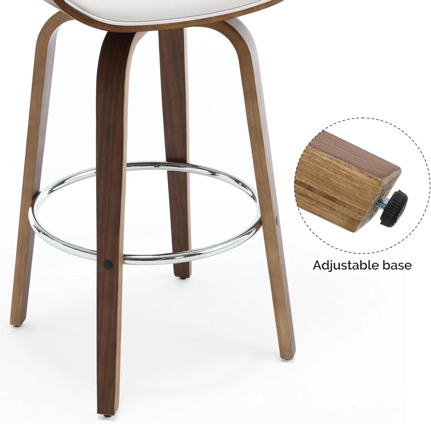 Bar Stools, Swivel Bar Stools with Walnut Bentwood Legs, 29 Inch Bar Height, Upholstered PU Leather Barstools with Backs, Mid-Century Kitchen Island Dining Bar Stool Chairs, White