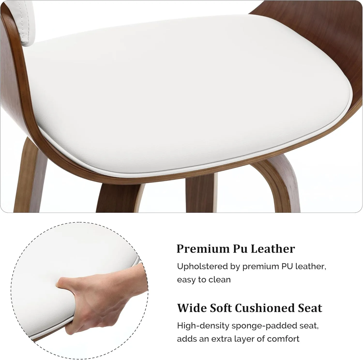 Bar Stools, Swivel Bar Stools with Walnut Bentwood Legs, 29 Inch Bar Height, Upholstered PU Leather Barstools with Backs, Mid-Century Kitchen Island Dining Bar Stool Chairs, White