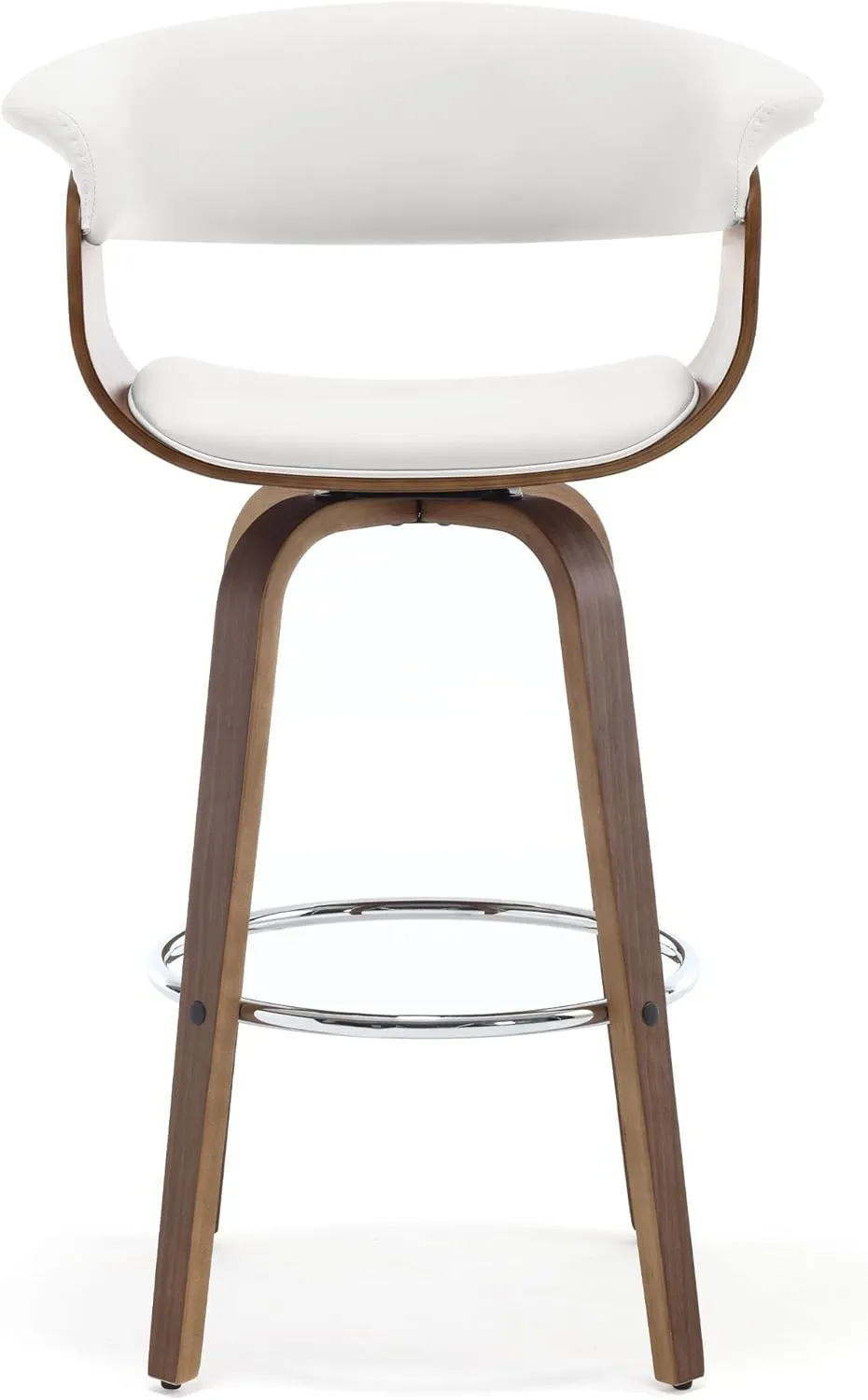Bar Stools, Swivel Bar Stools with Walnut Bentwood Legs, 29 Inch Bar Height, Upholstered PU Leather Barstools with Backs, Mid-Century Kitchen Island Dining Bar Stool Chairs, White