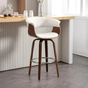 Bar Stools, Swivel Bar Stools with Walnut Bentwood Legs, 29 Inch Bar Height, Upholstered PU Leather Barstools with Backs, Mid-Century Kitchen Island Dining Bar Stool Chairs, White