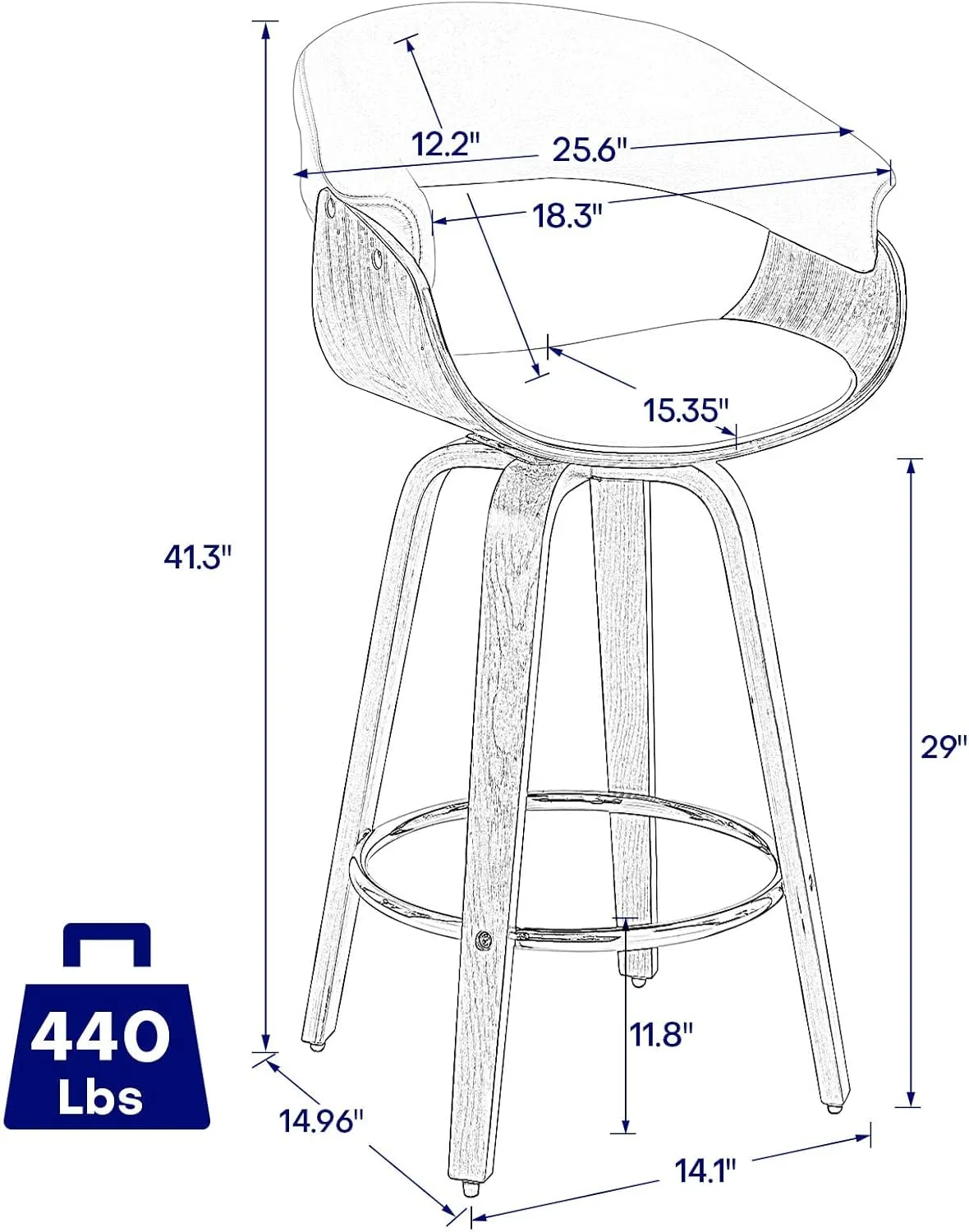 Bar Stools, Swivel Bar Stools with Walnut Bentwood Legs, 29 Inch Bar Height, Upholstered PU Leather Barstools with Backs, Mid-Century Kitchen Island Dining Bar Stool Chairs, White