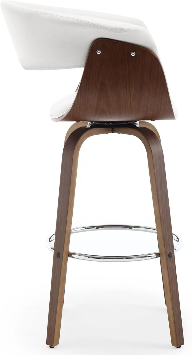Bar Stools, Swivel Bar Stools with Walnut Bentwood Legs, 29 Inch Bar Height, Upholstered PU Leather Barstools with Backs, Mid-Century Kitchen Island Dining Bar Stool Chairs, White