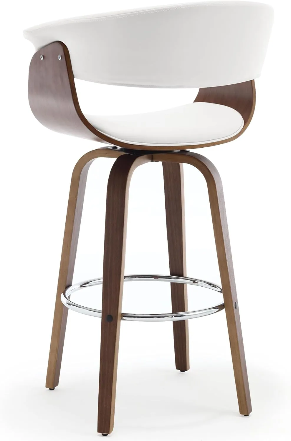 Bar Stools, Swivel Bar Stools with Walnut Bentwood Legs, 29 Inch Bar Height, Upholstered PU Leather Barstools with Backs, Mid-Century Kitchen Island Dining Bar Stool Chairs, White