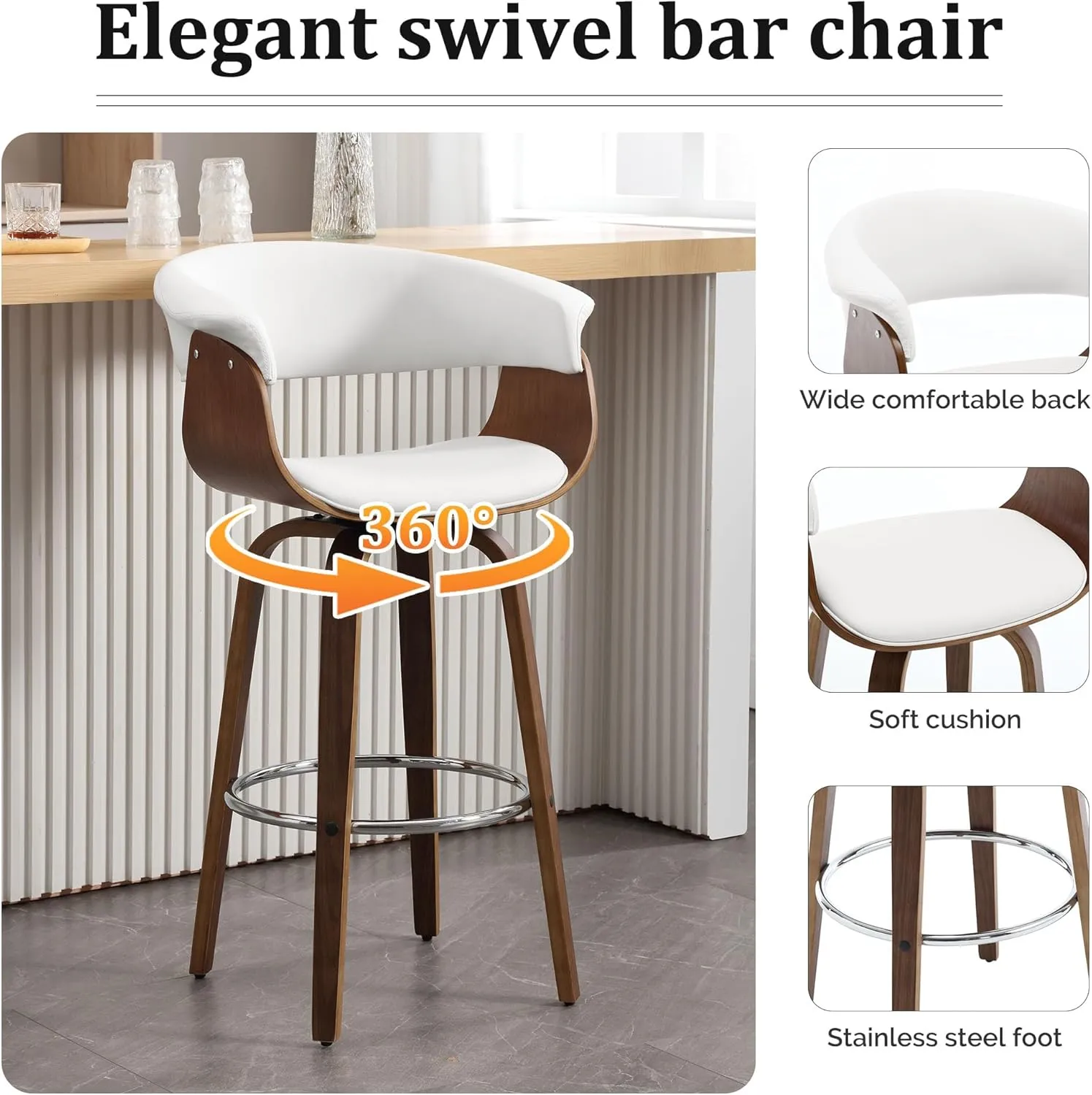 Bar Stools, Swivel Bar Stools with Walnut Bentwood Legs, 29 Inch Bar Height, Upholstered PU Leather Barstools with Backs, Mid-Century Kitchen Island Dining Bar Stool Chairs, White
