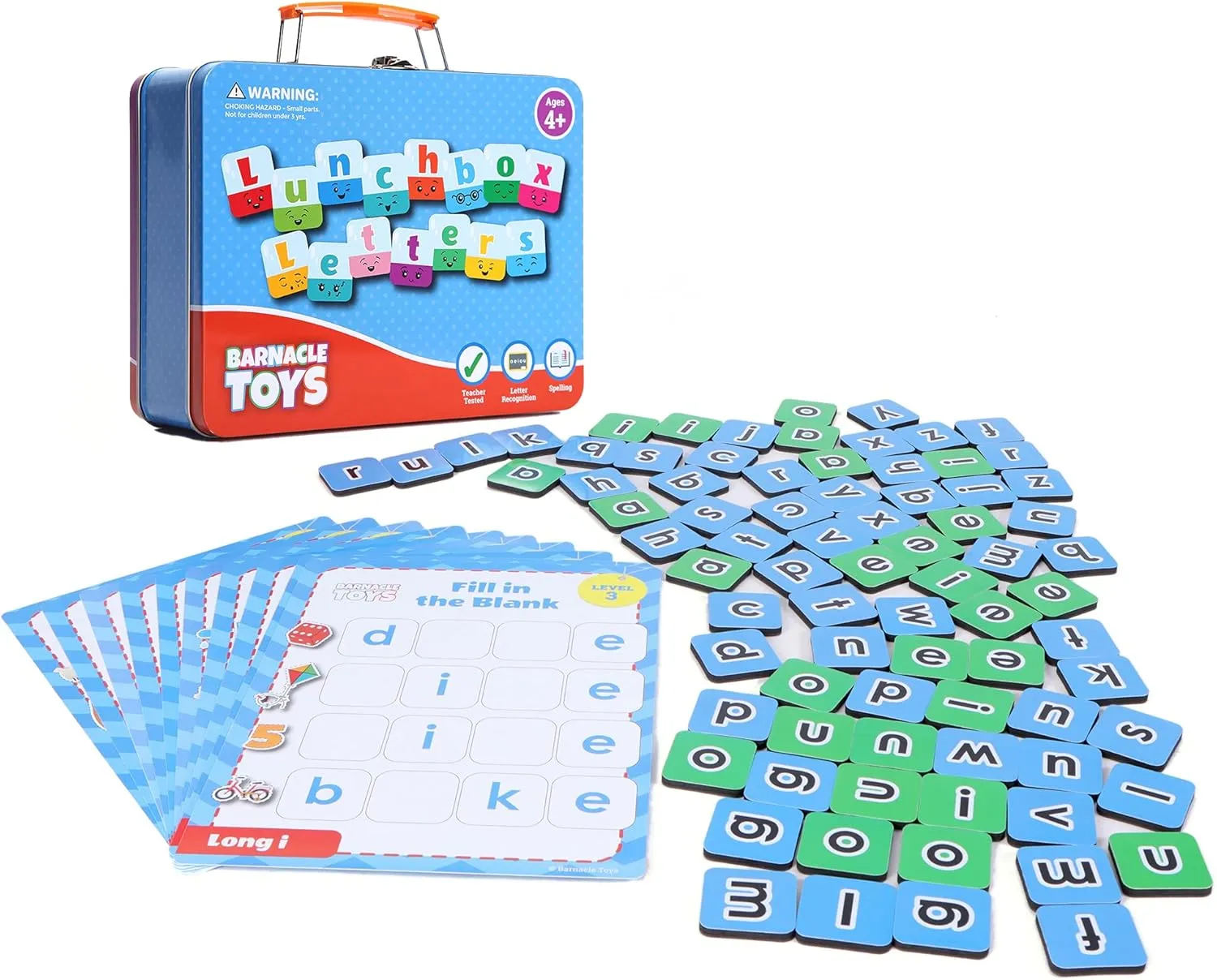 Barnacle Toys Lunchbox Letter Tiles & Games for Kids Ages 4-8, 80 Magnetic Letters, 20 Literacy Games, Spelling Board
