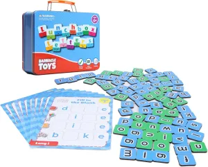 Barnacle Toys Lunchbox Letter Tiles & Games for Kids Ages 4-8, 80 Magnetic Letters, 20 Literacy Games, Spelling Board