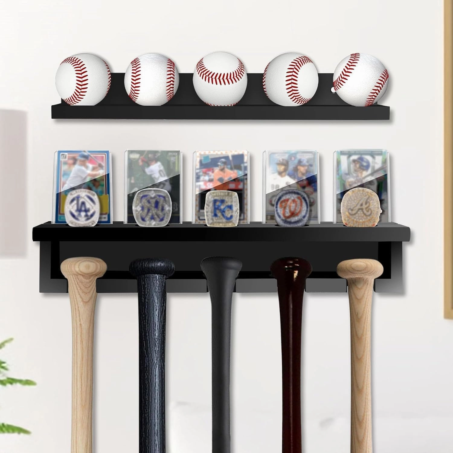 Baseball Bat Rack Holder for 5 Bats   5 Balls - Wooden Baseball Bat Wall Mount, Sport Equipment Storage Organizer, Bat Holder Wall Mount Display Holder Black