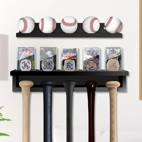 Baseball Bat Rack Holder for 5 Bats   5 Balls - Wooden Baseball Bat Wall Mount, Sport Equipment Storage Organizer, Bat Holder Wall Mount Display Holder Black