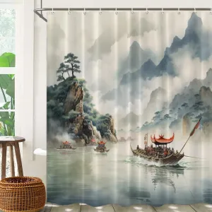 Batmerry Ancient Boats Decor Shower Curtain, Scenic Mountainous Waterway Bathroom Decor Polyester Fiber Plastic Rings Quick-Drying Waterproof for Bathtubs/Bathroom, 72x72 inches