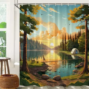 Batmerry Camping Lakeside Decor Shower Curtain, Scenic Outdoor Sunset View Bathroom Decor Polyester Fiber Plastic Rings Quick-Drying Waterproof for Bathtubs/Bathroom, 72x72 inches