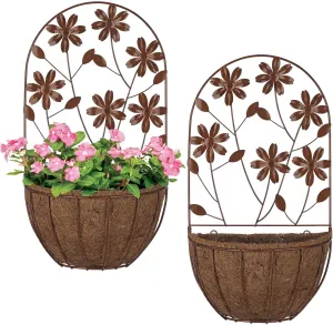BAYN 2PKs Wall Hanging Planter Decor Art with Flower, Metal Wall Mounted Planters Indoor Outdoor Wall Planter for Succulent Herb Home Garden Yard
