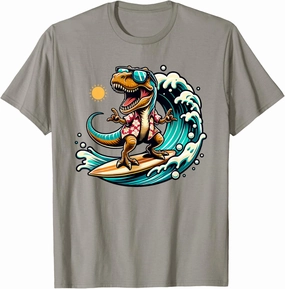 Beach Lover T-Rex Dinosaur Riding Surfboard Surfing Wave T-Shirt