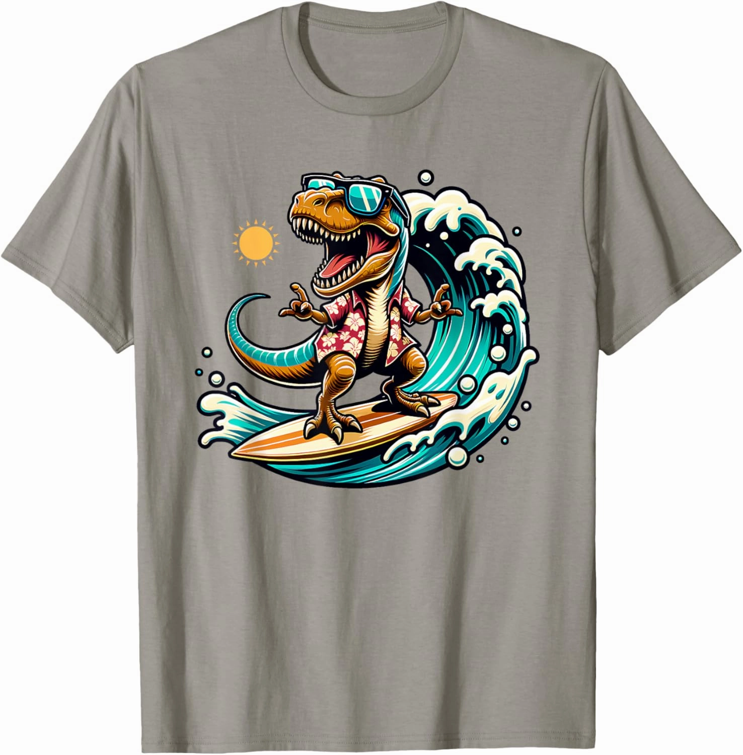 Beach Lover T-Rex Dinosaur Riding Surfboard Surfing Wave T-Shirt