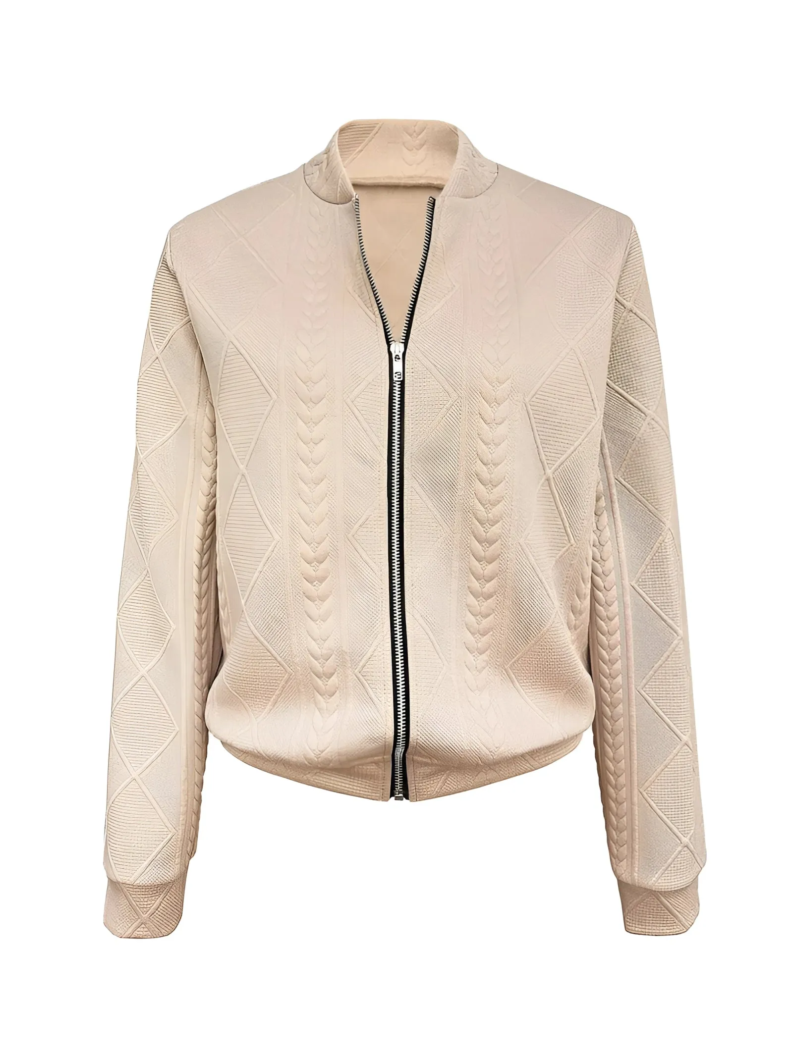 Beige Women's Quilted Leather Bomber Jacket - Textured & Lightweight