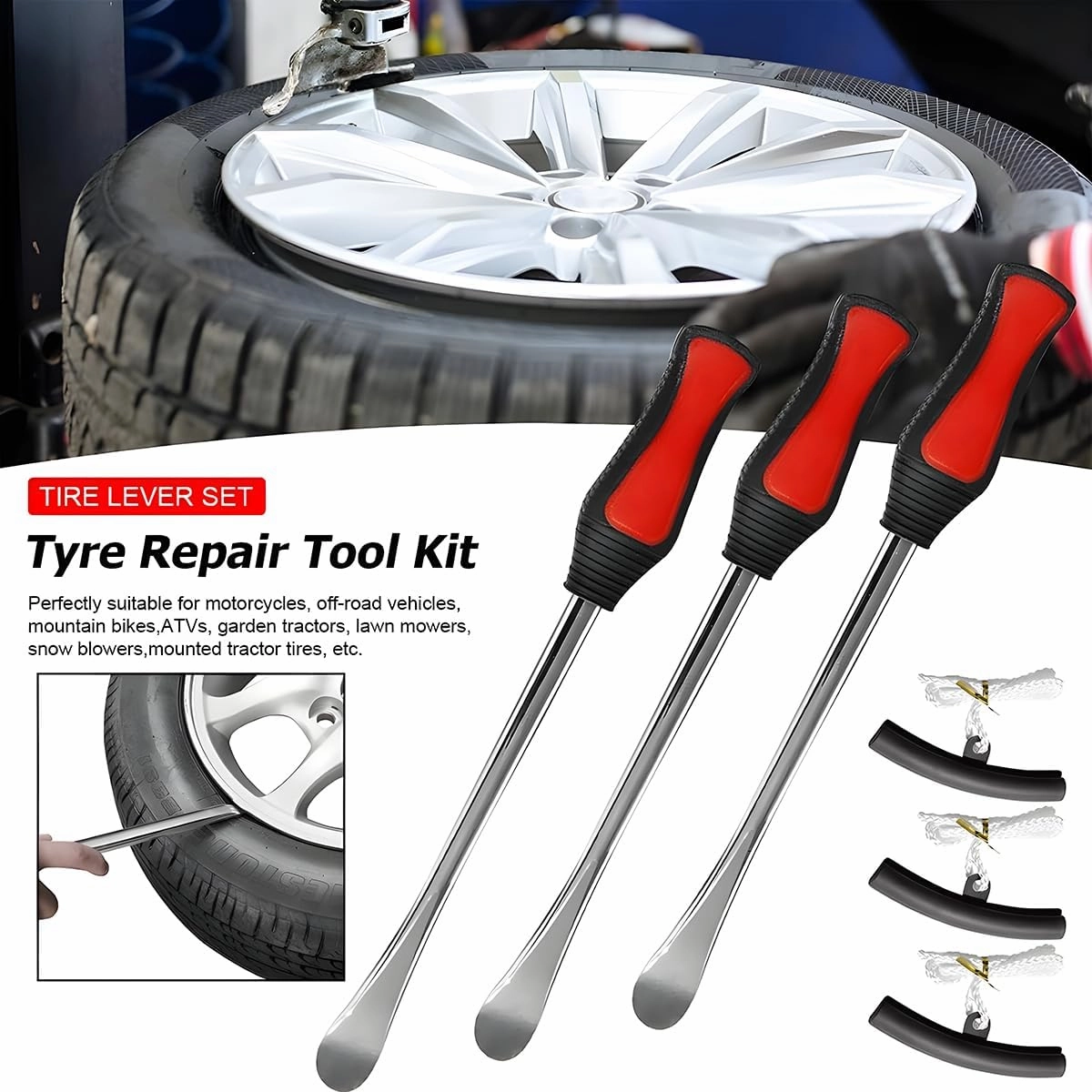 BELOMI Tire Spoons Lever Tool Set, Steel Professional Tire Changing Removal Kit with 1 Portable Bag   3 Tire Spoons   2 Rim Protectors, Tire Repair Tool for Vehicle, Bike, Lawn Mower (Red/Black)