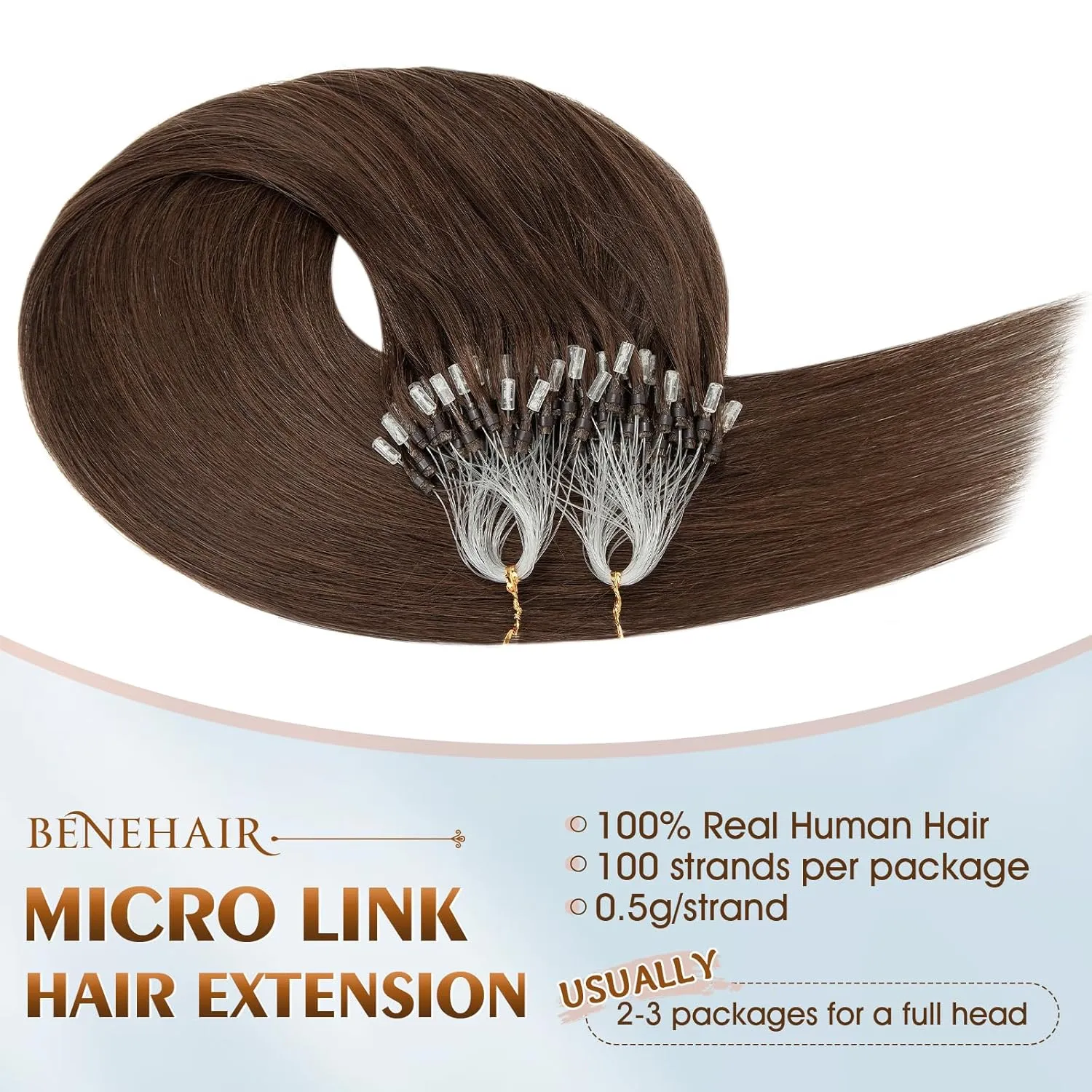 Benehair Invisible Micro Loop Ring Human Hair Extensions Micro Link Hair 20 Inch Medium Brown Silky Straight Remy Hair Micro Rings Hand Tied Hairpiece 100 Strands 50g #4