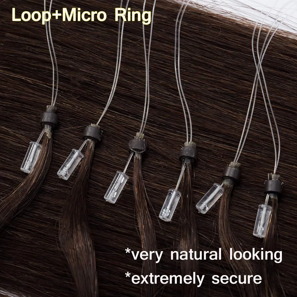 Benehair Invisible Micro Loop Ring Human Hair Extensions Micro Link Hair 20 Inch Medium Brown Silky Straight Remy Hair Micro Rings Hand Tied Hairpiece 100 Strands 50g #4