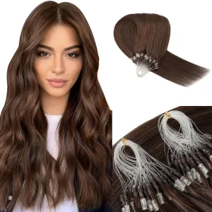 Benehair Invisible Micro Loop Ring Human Hair Extensions Micro Link Hair 20 Inch Medium Brown Silky Straight Remy Hair Micro Rings Hand Tied Hairpiece 100 Strands 50g #4