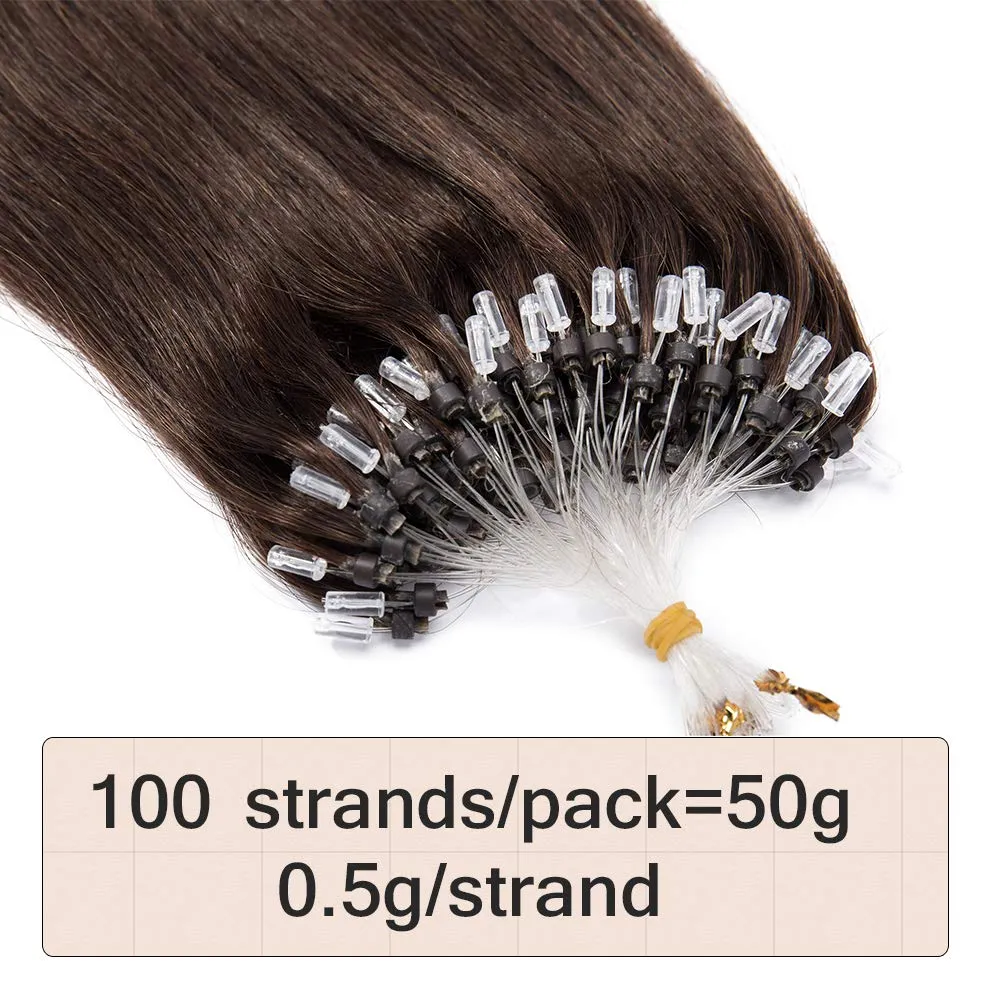 Benehair Invisible Micro Loop Ring Human Hair Extensions Micro Link Hair 20 Inch Medium Brown Silky Straight Remy Hair Micro Rings Hand Tied Hairpiece 100 Strands 50g #4