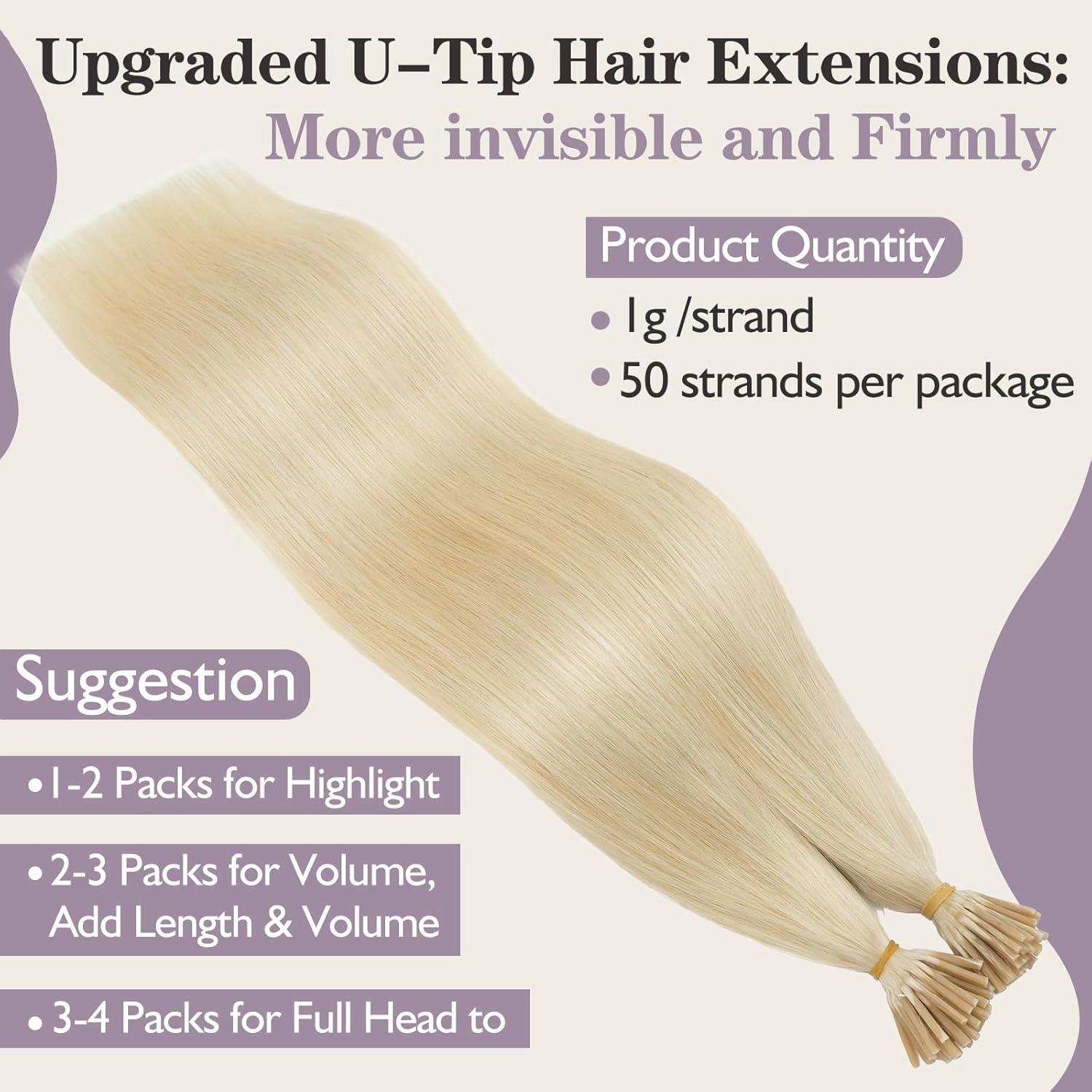 Benehair I Tip Hair Extensions Human Hair Blonde Straight Remy Stick Tip Hair Extensions 16 Inch 1g/s 50g/pack Pre Bonded I Tip Human Hair Extensions for Thinning Hair(#613 Bleach Blonde, 16")