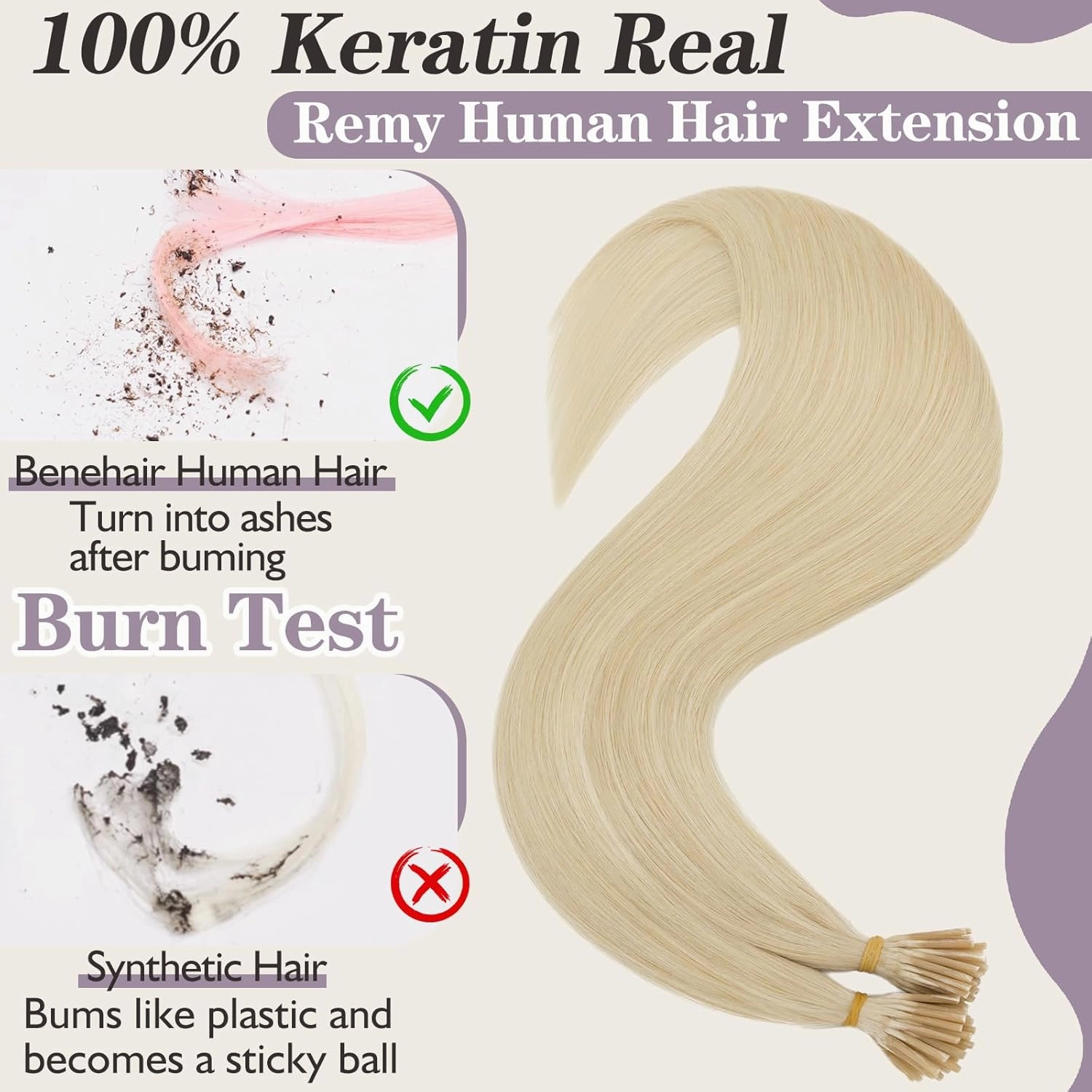 Benehair I Tip Hair Extensions Human Hair Blonde Straight Remy Stick Tip Hair Extensions 16 Inch 1g/s 50g/pack Pre Bonded I Tip Human Hair Extensions for Thinning Hair(#613 Bleach Blonde, 16")