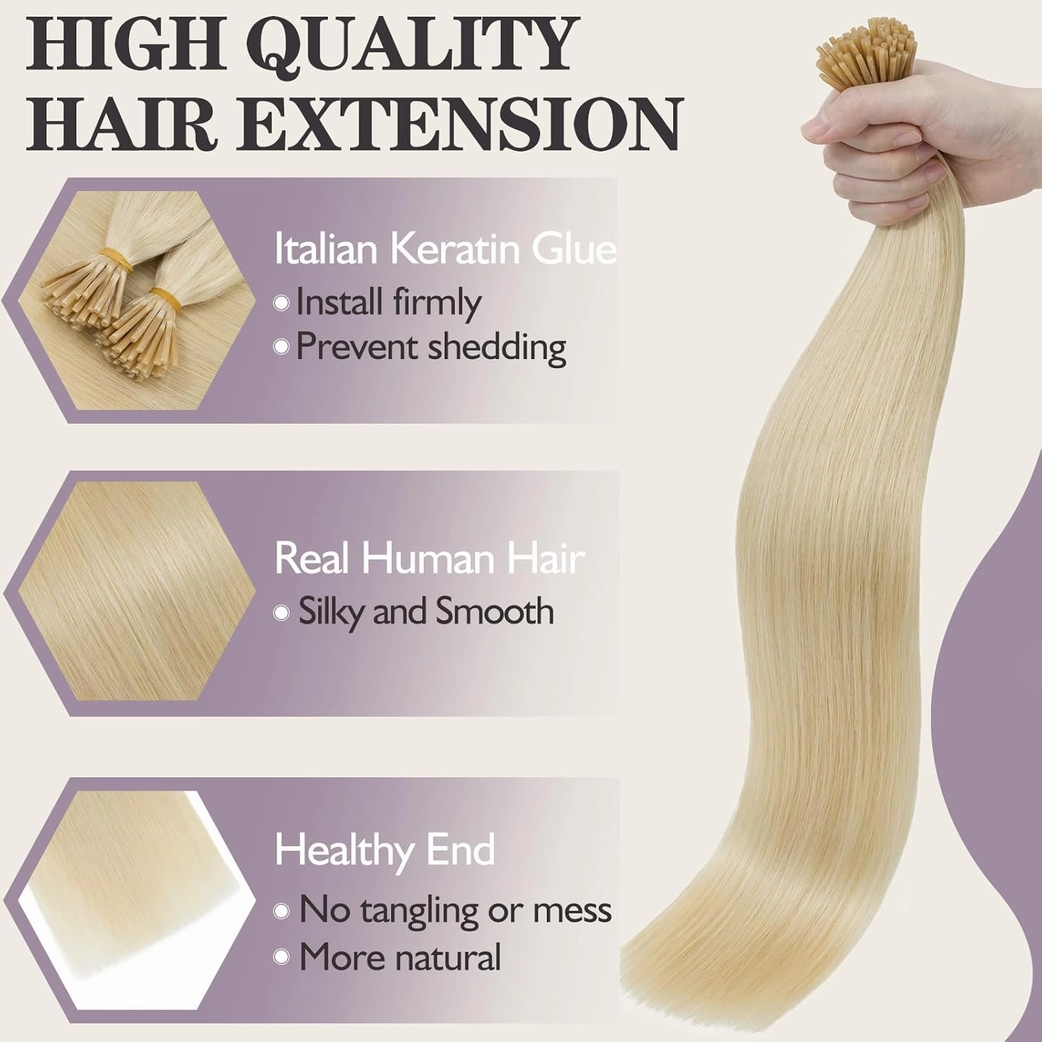Benehair I Tip Hair Extensions Human Hair Blonde Straight Remy Stick Tip Hair Extensions 16 Inch 1g/s 50g/pack Pre Bonded I Tip Human Hair Extensions for Thinning Hair(#613 Bleach Blonde, 16")