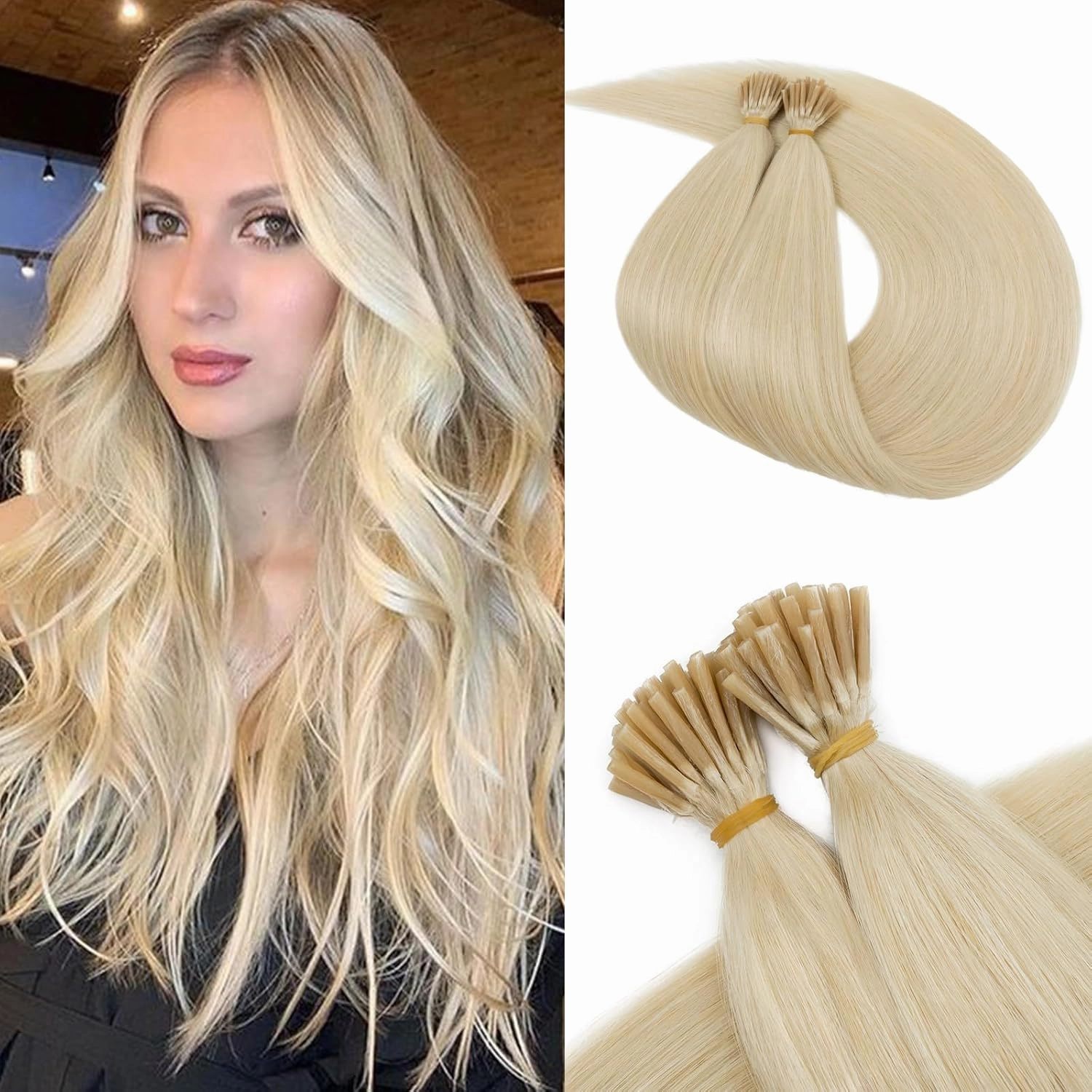 Benehair I Tip Hair Extensions Human Hair Blonde Straight Remy Stick Tip Hair Extensions 16 Inch 1g/s 50g/pack Pre Bonded I Tip Human Hair Extensions for Thinning Hair(#613 Bleach Blonde, 16")