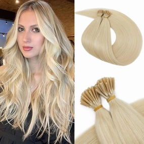Benehair I Tip Hair Extensions Human Hair Blonde Straight Remy Stick Tip Hair Extensions 16 Inch 1g/s 50g/pack Pre Bonded I Tip Human Hair Extensions for Thinning Hair(#613 Bleach Blonde, 16")