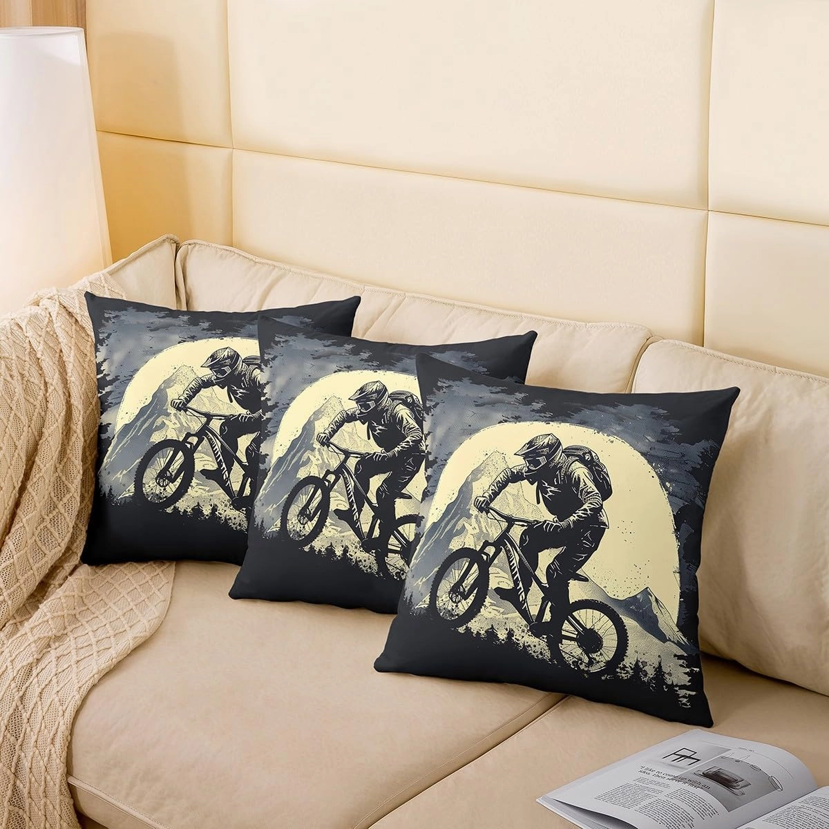 Biking Single Pack Pillow Cover,Cycling Riding Adventure Extreme Sports Double Sides Print Cushion Cover for Sofa,Natural Mount Mystic Moon Sky Vintage Couch Pillow Cover,24"x 24"